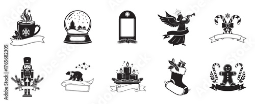 Winter holiday label silhouette vector icons with cocoa, snow globe, gift tag, angel, candy cane, nutcracker, candle, stocking