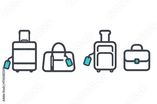 Set of travel baggage including rolling suitcases, duffel bag, and business briefcase