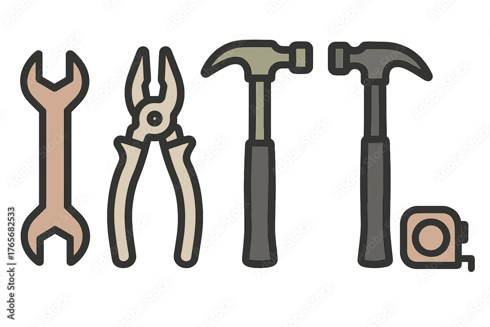 Fototapeta premium Collection of essential construction and repair hand tools including wrench, pliers, hammers, and tape measure