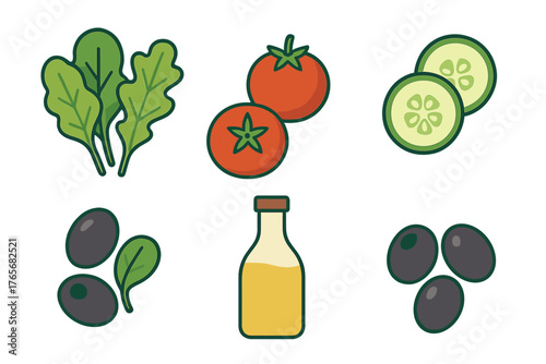 Fresh salad ingredients including lettuce, tomatoes, cucumber, olives, and dressing bottle