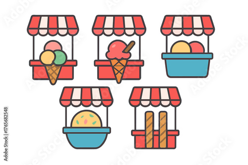 Various colorful ice cream and dessert stands with striped awnings in a row