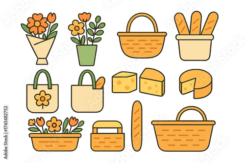 Colorful set of picnic items including baskets, flowers, bread, and cheese