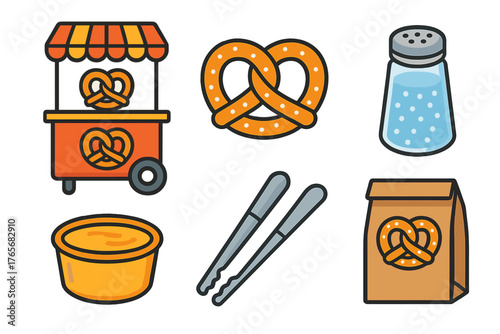 Pretzel food items and accessories set including street cart dipping sauce and salt shaker