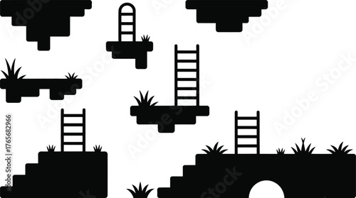 Game level design elements pixel art platforms ladders grass silhouette game asset collection