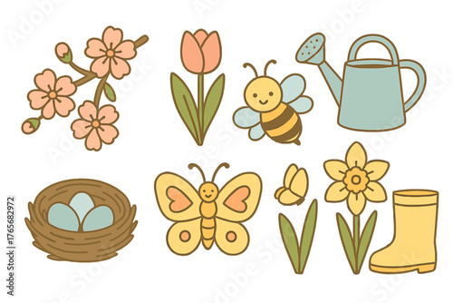 Adorable collection of spring and gardening elements including flowers, insects, and tools