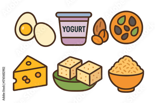 Healthy food icons set featuring eggs, yogurt, cheese, nuts, seeds, and grains
