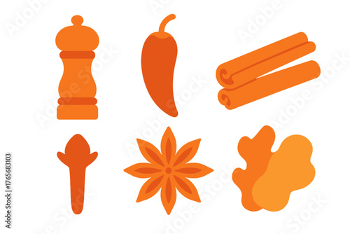 Essential kitchen spices assortment including cinnamon, chili pepper, star anise, and ginger