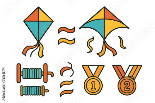 Colorful graphic elements depicting kite flying equipment, recreational activity, and competition awards