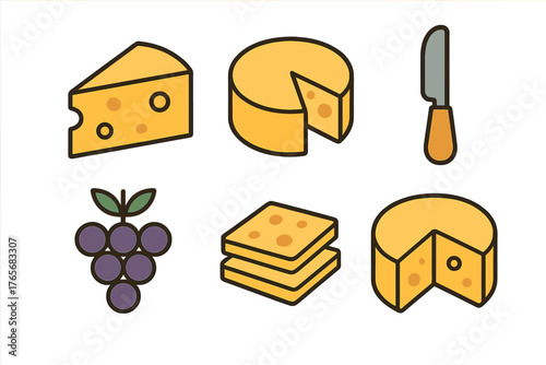Collection of various cheese types, grapes, and knife for charcuterie board