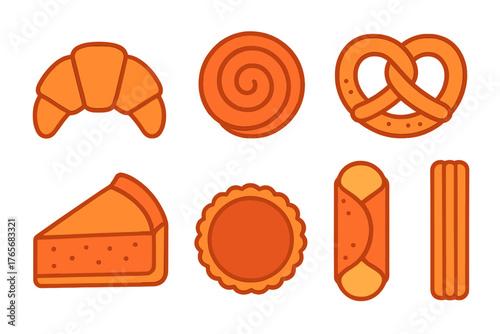 Collection of popular bakery items and sweet desserts including croissant pretzel and cheesecake