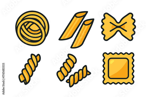 Set of popular Italian pasta shapes icons: penne, farfalle, fusilli, tagliatelle, and ravioli