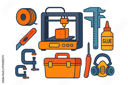 Set of essential tools for 3D printing and workshop projects including printer, filament, and calipers