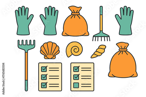 Tools and items for environmental cleanup including protective gloves, rakes, garbage bags, seashells, and task checklists