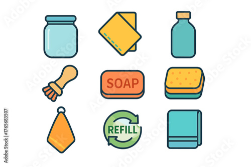 Eco friendly cleaning and hygiene supplies set including soap, sponge, brush, towels, and refill symbol
