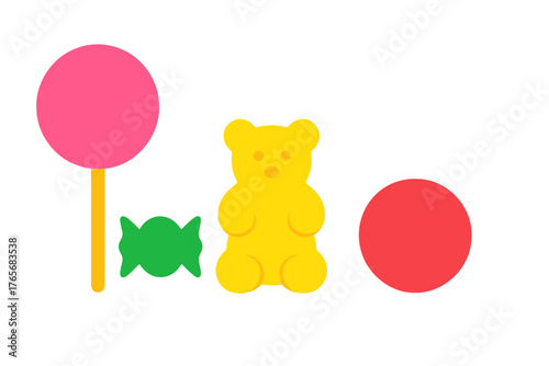 Vibrant assortment of confectionery items including gummy bear, lollipop, and wrapped candy