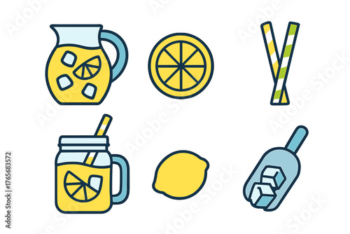 Collection of refreshing summer lemonade drink ingredients and serving icons