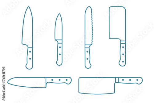 Professional kitchen knives set including chef utility bread and cleaver in outline style