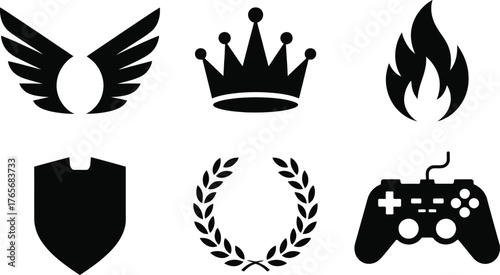Collection of six gaming icons including wings crown fire shield laurel wreath and controller