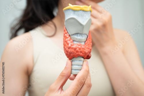 Hyperthyroidism, Overactive Thyroid, Thyroid Lymphoma, Asian woman with thyroid gland human anatomy model.
