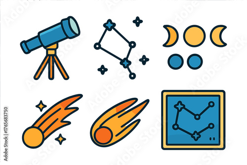 Astronomy and space exploration symbols: telescope, constellation, comet, and moon phases