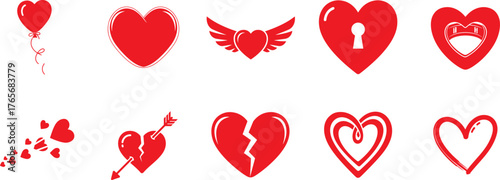Heart silhouette vector collection with balloon, wing, keyhole, arrow and broken designs for love and valentine decoration