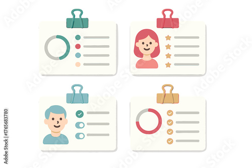 Stylized data cards showing user profiles, performance ratings, and business analytics