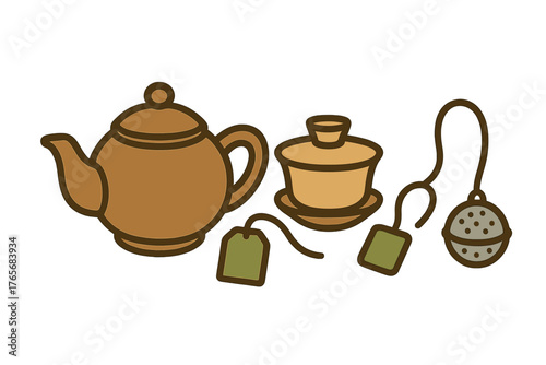 Traditional tea ceremony set with teapot, teacup, tea bags, and metal infuser