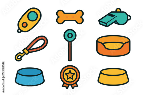 Collection of essential items for dog training and pet care including leash, bowls, and whistle