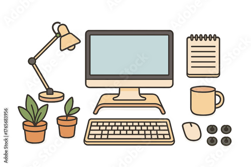 Home office desk setup with computer keyboard mouse lamp and potted plant