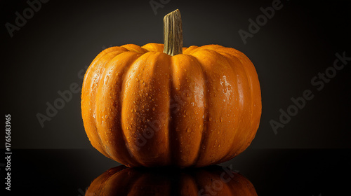 Pumpkin lantern in studio lighting on dark background