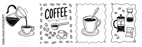 Vintage coffee art collection pouring brewed beans and cozy cup graphics for cafe decor