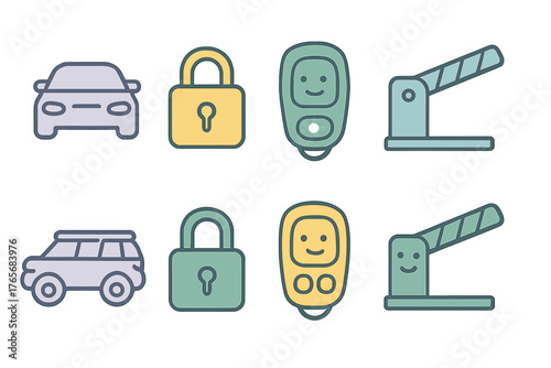 Flat design collection of security and transportation icons including cars, padlocks, key fobs, and barrier gates