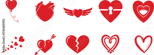 Heart silhouette vector icon set with anatomical, wing, keyhole, arrow and broken styles for love and valentine design