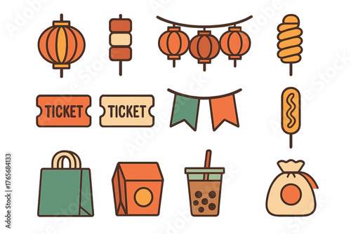 Colorful set of traditional lanterns, event tickets, street snacks, and shopping bags