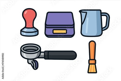 Professional espresso making equipment set including tamper scale milk pitcher and portafilter