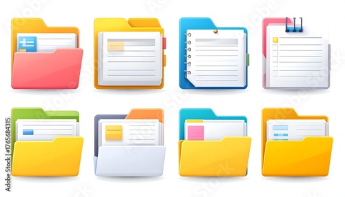 Colorful cartoon folder icons, each with a different document style, in a row against a clean white background