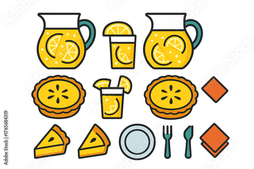 Refreshing summer lemonade pitchers and glasses with sweet lemon pie slices and whole tarts
