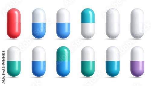 Colorful capsules arranged in two rows with shadows on a white background, pharmaceutical product concept