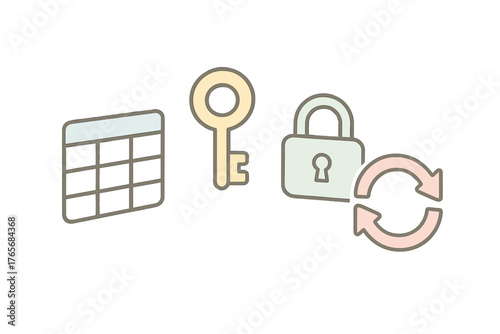 Pastel colored set representing data table, security key, locked padlock, and refresh arrows