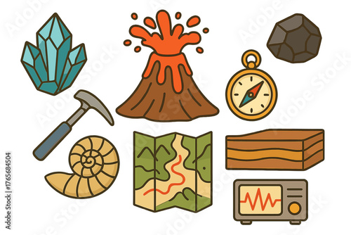 Volcano Crystal Fossil Map and Seismograph Equipment for Geology and Earth Science