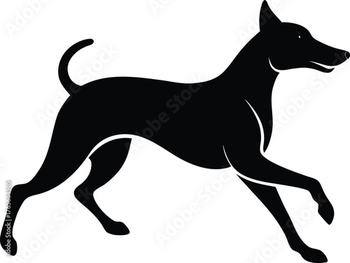 dog silhouette icon. Silhouette of a sleek black dog running with its tail held high and ears perked