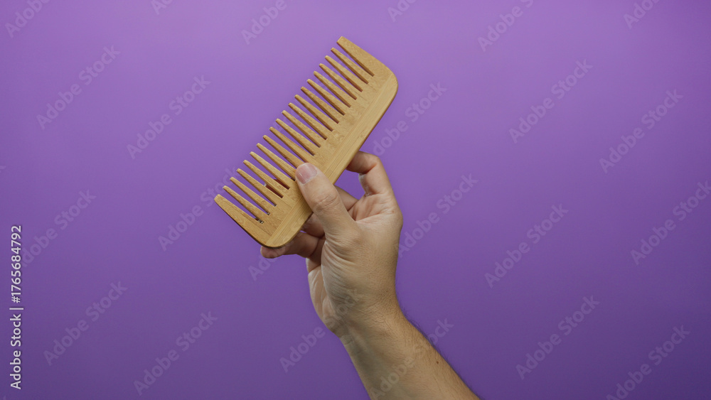 Naklejka premium Male hand holding wooden comb against purple background showcasing simplicity and isolation in design concept.