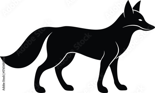 fox silhouette icon. Black silhouette of a fox standing alert with a bushy tail and pointed ears against a white background