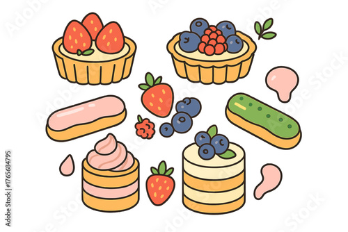 Set of sweet pastries and fresh fruit including tarts, eclairs, and layered cakes