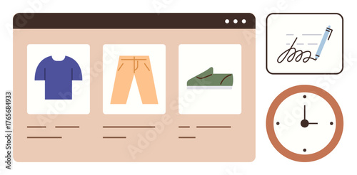 Clothing products displayed on a webpage with shirt, pants, shoes. Includes signature box, clock elements. Ideal for e-commerce, online purchases, scheduling, workflow technology retail simple