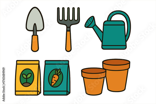 Assortment of basic gardening equipment including pots, watering can, hand tools, and seed packets