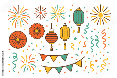 Traditional Chinese New Year celebration elements set with lanterns, fireworks, and confetti