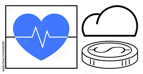 Blue heart with ECG line, outlined cloud, and coin symbolize health monitoring, tech innovation, and economic growth. Ideal for healthcare, finance, tech, well-being cloud storage innovation