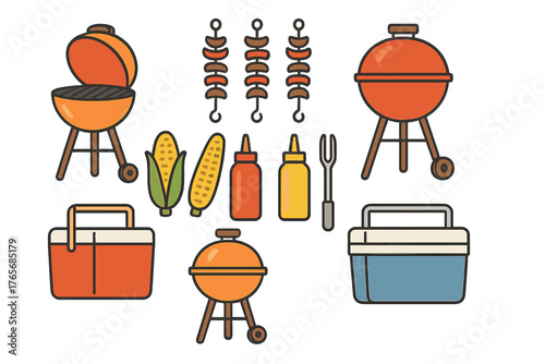 Set of barbecue and picnic essentials including grill, cooler, corn, and condiments