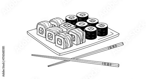 Vector of Japanese sushi rolls and chopsticks, minimal outline with clean lines